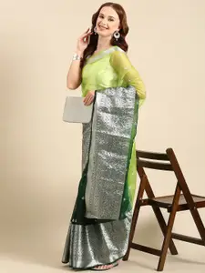 Anouk Green & Silver-Toned Floral Embroidered Organza Saree