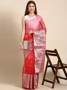 Anouk Pink & Red Floral Embroidered Organza Saree