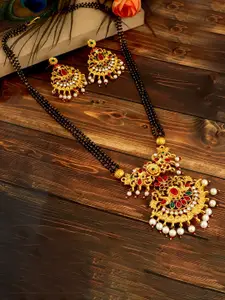MANSIYAORANGE Gold-Plated Stone-Studded & Beaded Mangalsutra With Earrings