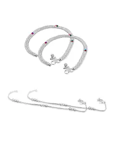 RUHI COLLECTION Set Of 4 Silver-Plated Stone Studded & Beaded Anklets