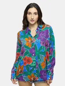 The Souled Store Blue & Green Floral Printed Pure Cotton Casual Shirt