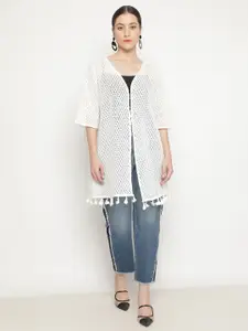 UnaOne Women Self Design Lace Open Front Pure Cotton Longline Shrug