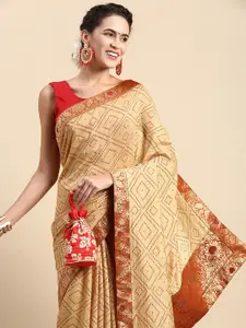 Indian Women Red & Beige Bandhani Beads and Stones Silk Blend Designer Saree