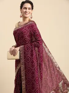 Indian Women Purple Bandhani Beads and Stones Silk Blend Designer Saree
