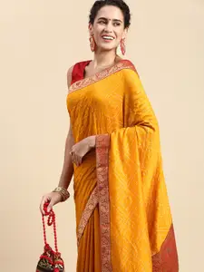 Indian Women Yellow Bandhani Beads and Stones Silk Blend Designer Saree