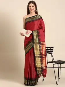 Anouk Red & Black Floral Woven Design Zari Kanjeevaram Saree