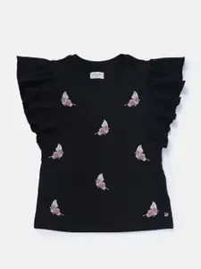 Gini and Jony Butterfly Embroidered Flutter Sleeve Cotton Top