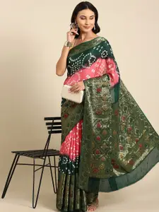 Anouk Pink & Green Bandhani Printed Zari Saree