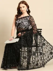 Anouk Black Floral Embroidered Net Saree