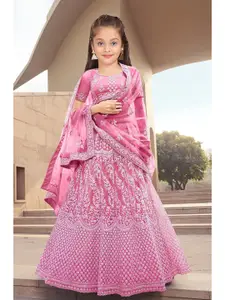 Kedar Fab Girls Embroidered Thread Work Semi-Stitched Lehenga & Unstitched Blouse With