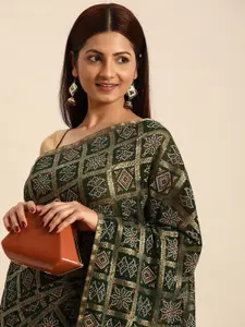 Indian Women Green Striped Silk Blend Fusion Saree