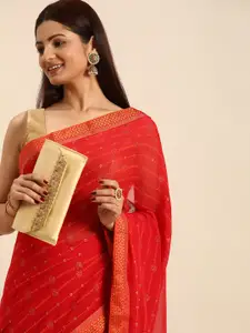 Indian Women Red Striped Silk Blend Fusion Saree