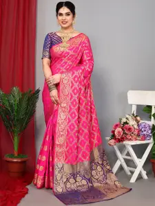 Mitera Pink & Purple Floral Woven Design Zari Banarasi Saree