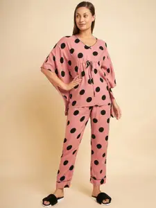 Sweet Dreams Pink & Black Polka Dots Printed Night Suit