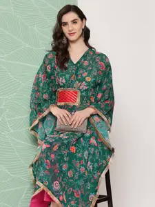 Ahalyaa Women Floral Printed Flared Sleeves Patchwork Georgette Kaftan Kurta