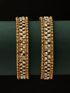 ATIBELLE Set Of 2 Gold-Plated Metallic Stone Studded  Intricate Textured  Bangles