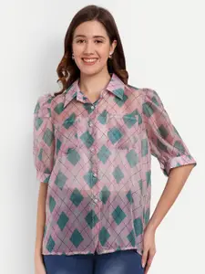 iki chic Pink & Green Printed Puff Sleeves Shirt Style Top