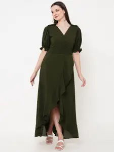 MISH Green Puff Sleeves Ruffled Fit & Flare Maxi Dress