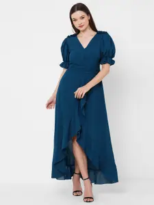 MISH Teal Blue Puff Sleeves Ruffled Fit & Flare Maxi Dress