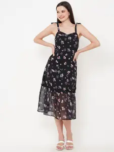 MISH Black Floral Printed Tie-Up Shoulder Strap A-Line Midi Dress