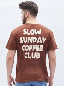 FUGAZEE Brown Typography Printed Oversize Fit Pure Cotton T-Shirt