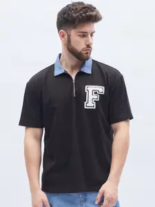 FUGAZEE Black Polo Collar Applique Pure Cotton T-shirt