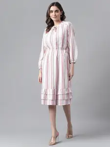 Beverly Hills Polo Club Striped Tie-Up Neck Puff Sleeve Pure Cotton A-Line Dress