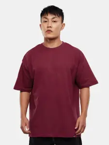The Souled Store Maroon Drop-Shouder Pure Cotton Loose T-shirt