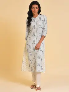 W White & Blue Ethnic Motifs Printed A-Line Kurta