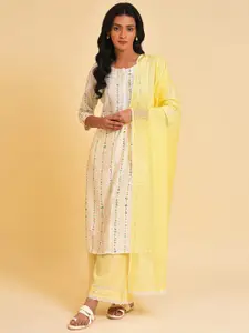 W White & Pink Lace Floral Printed Straight Kurta