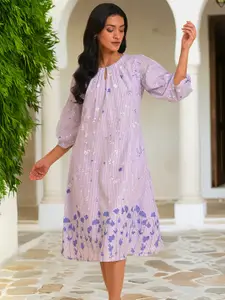 W White Floral Printed Keyhole Neck Pure Cotton A-Line Midi Dress