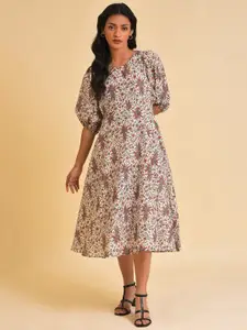 W White Ethnic Motifs Printed Puff Sleeve Pure Cotton A-Line Midi Dress