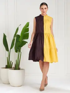 Athena Yellow Colorblocked Tiered A-Line Cotton Midi Dress