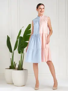 Athena Blue Colorblocked Tiered A-Line Cotton Midi Dress