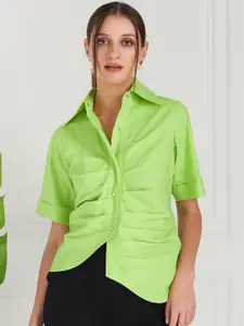 Athena Green Pleated Pure Cotton Shirt Style Top