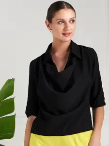 Athena Black Self Design Cowl Neck Shirt Style Top