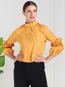 Athena Orange Mandarin Collar Puff Sleeves Cotton Shirt Style Top