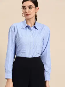 DENNISON Women Blue Smart Opaque Striped Formal Shirt