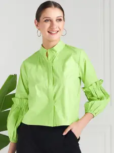 Athena Lime Green Shirt Collar Cuffed Sleeves Ruffled Cotton Shirt Style Top