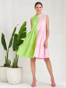 Athena Green Colourblocked Tiered A-Line Cotton Dress
