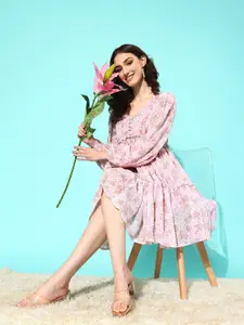 Varanga Floral Print Puff Sleeve Georgette A-Line Dress