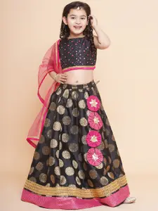 Bitiya by Bhama Girls Black & Pink Printed Ready to Wear Lehenga & Blouse With Dupatta