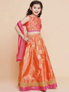 Bitiya by Bhama Girls Peach-Coloured & Pink Embroidered Mirror Work Ready to Wear Lehenga & Blouse With