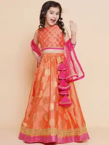 Bitiya by Bhama Girls Peach-Coloured & Gold-Toned Embellished Ready to Wear Lehenga & Blouse With Dupatta