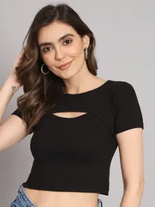 BROOWL Round Neck Cut Out Fitted Crop Top