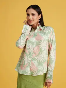 20Dresses Green & peach Floral Printed Satin Casual Shirt