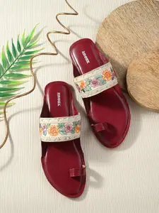 Anouk Maroon And Orange Embroidered One Toe Flats