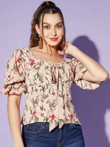 WoowZerz Floral Printed Sweetheart Neck Puff Sleeve Empire Top