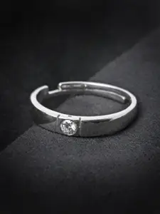 Clara Clara Men 925 Sterling Silver Rhodium-Plated CZ-Studded Adjustable Finger Ring