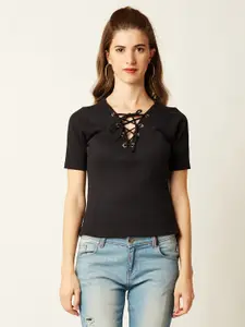 Miss Chase Women Black Solid Pure Cotton Top